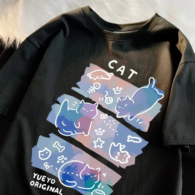 Funny Japanese Style Naughty Cat Print T-shirts for Women Summer Breathable Fashion T-shirts Cartoon Casual Tops Clothing