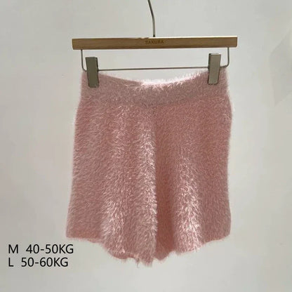 Women's Autumn Winter Faux Mink Hair Shorts Sweet Soft High Waist Slim Hairy Elasticity Shorts Fashion Knitting Homewear Shorts