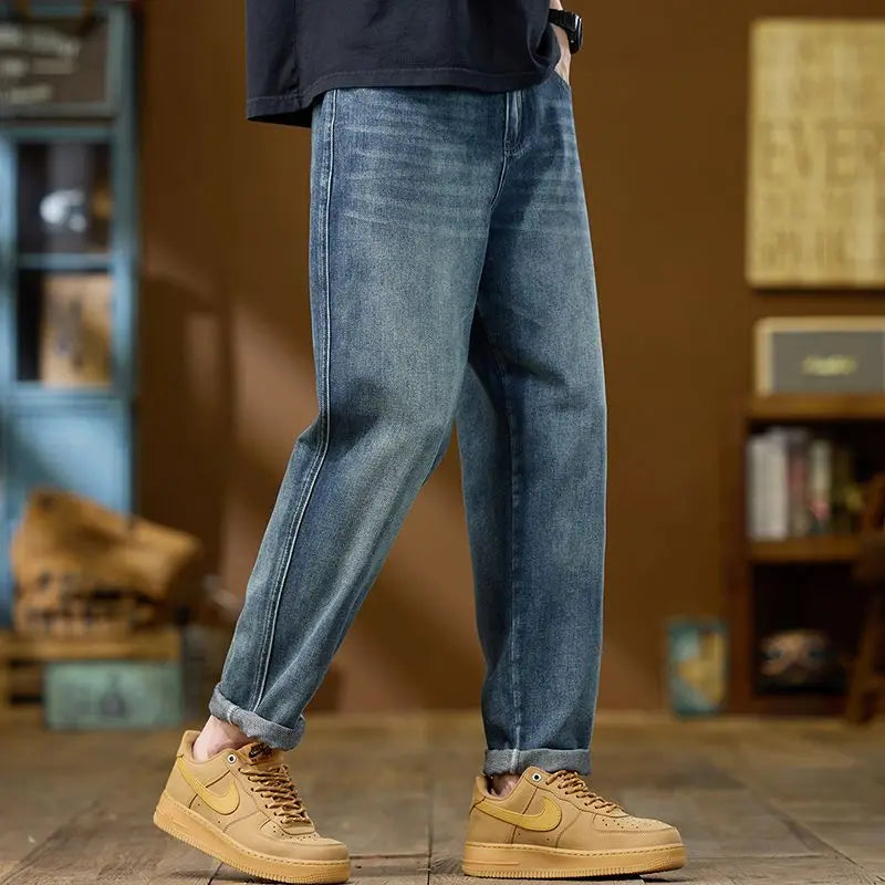 Jeans Denim Straight Pants Men Washed Distressed Mid Waist Pockets 2025 Streetwear Basics Ankle Length Trousers Vintage Denims
