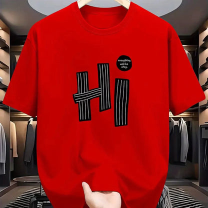 Summer Men's 100% Pure Fashion Cotton Casual Loose Fit Plus Size Hi Letter Pattern Printed Round Neck Short Sleeved T-shirt Top