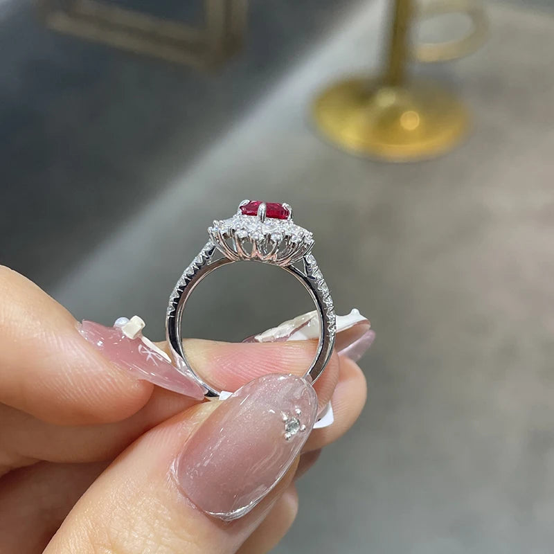6*6mm Pigeon Blood Ruby Heart Rings for Women Lab Gems White Moissanite Engagement Ring Pure 925 Silver Plated 18K