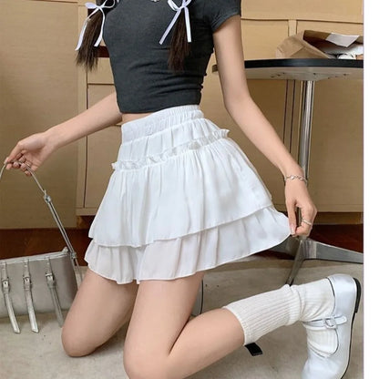 Chic Sweet Style Pleated A-Line Skirt Elegant Versatile Tiered Skirt Basic Cut High Waist Elastic Waist Skirt Summer
