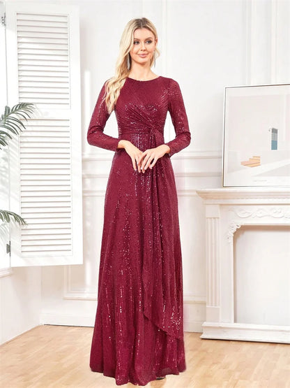 Elegant Long Sleeve O-Neck Red Sequins Evening Dress Luxury 2024 Women Wedding Party Prom Cocktail Dress Graduation Gowns