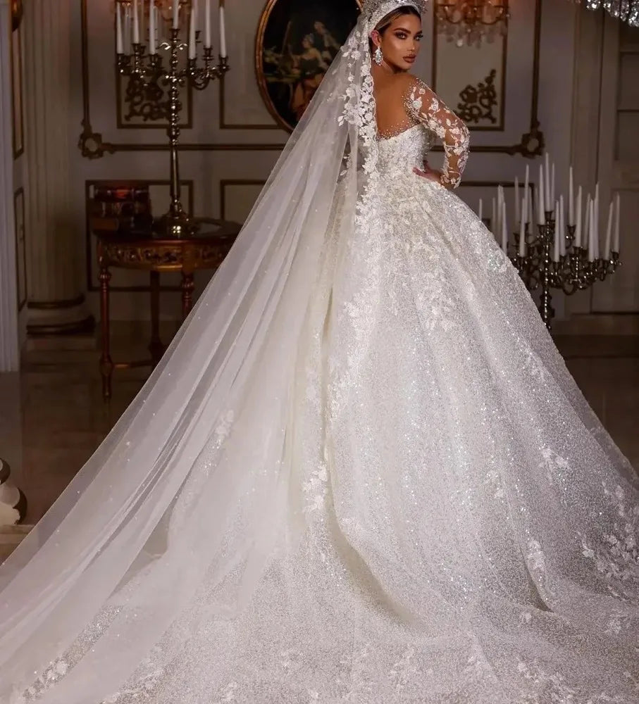 Luxury Princess Wedding Dresses Vintage Bridal Gown Beading Shinny Tulle Long Sleeves Robe Elegant Pretty Dress Customized