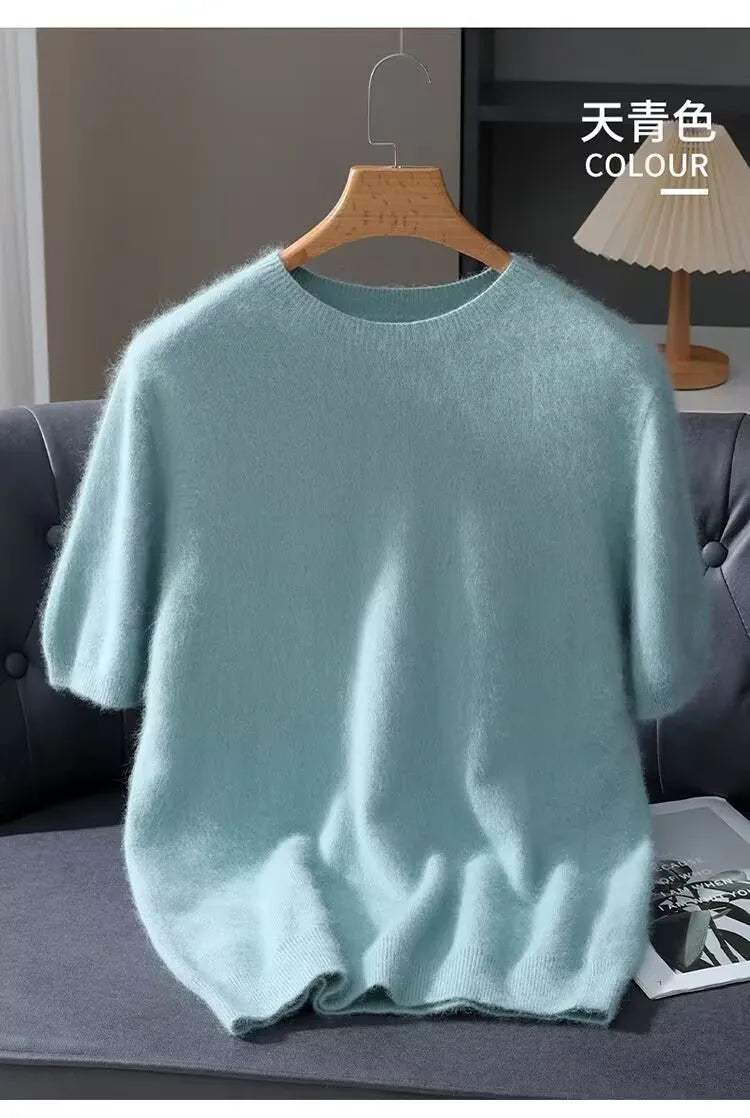 Men's Sweater Pullover Short Sleeved Summer Mink Knit Sweater Loose Round Neck Solid Color Half Sleeved Simple T-Shirt Casualtop