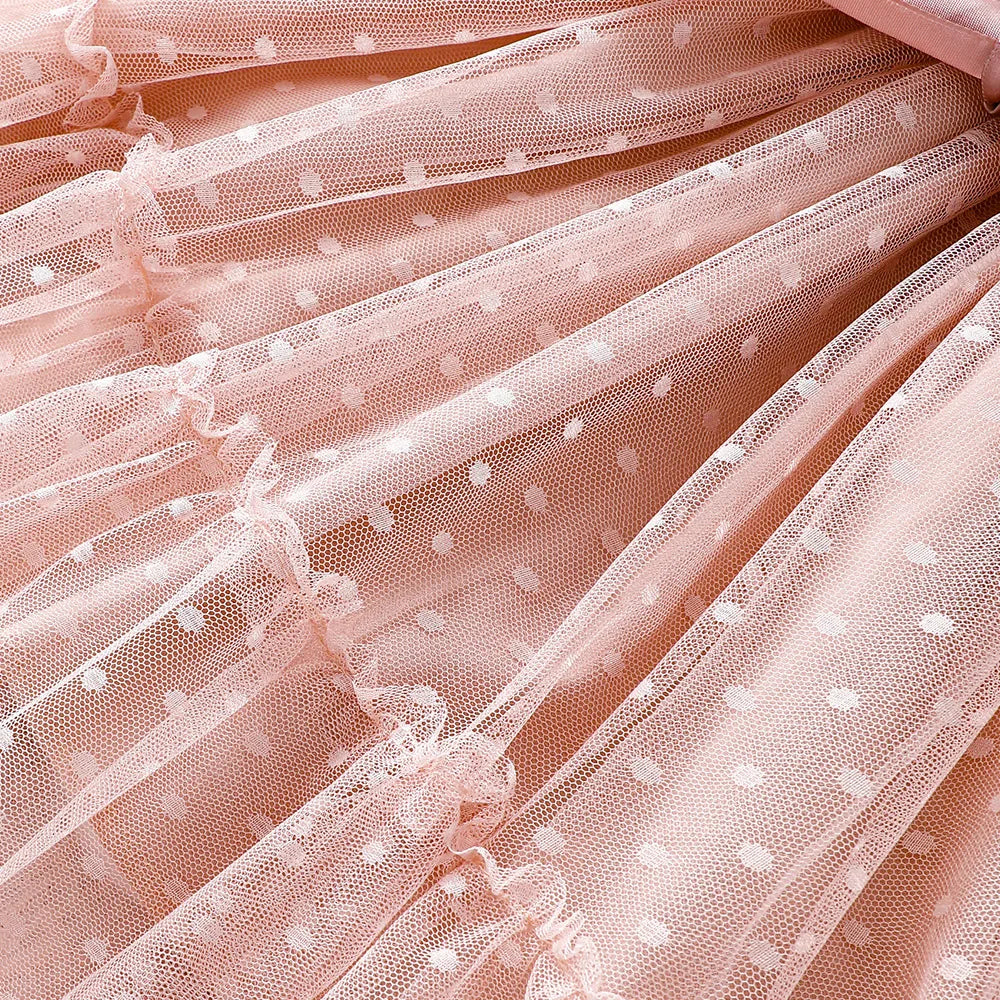 Toddler Girls' Pink Polka Dot Mesh Dress - Flutter Sleeves, Big Bow Waist, Sweet Spring & Summer Princess Dress