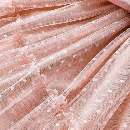 Toddler Girls' Pink Polka Dot Mesh Dress - Flutter Sleeves, Big Bow Waist, Sweet Spring & Summer Princess Dress