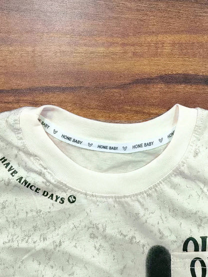 Kids 2-Piece Summer Casual Set - Short Sleeve T-Shirt with Pocket Print & Gray Denim Shorts for Boys Children's Fashion Outfit