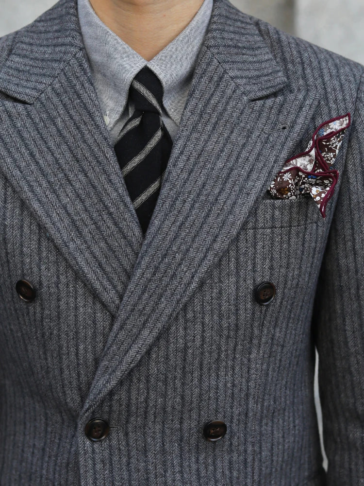 New Thick Style Stripes Herringbone Pattern Men's 2-Piece Suit Double-Breasted Slim Fit Jacket Trousers Vintage Braze Suit