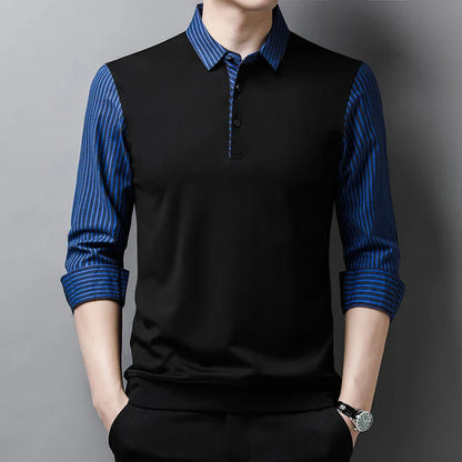 New Men's Casual and Fashionable Long Sleeved POLO Shirt with Contrasting Print Anti Wrinkle Top