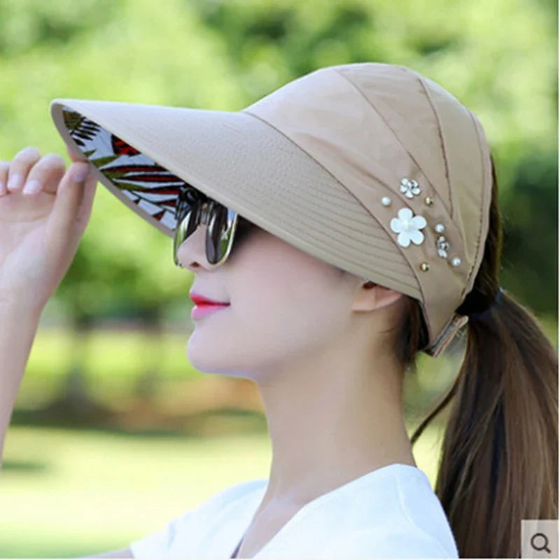 Summer Women Wide Brim Empty Top Hats Flower Pearls Floppy Foldable Sun Protection Hats Outdoor Beach Tour Visor Baseball Cap