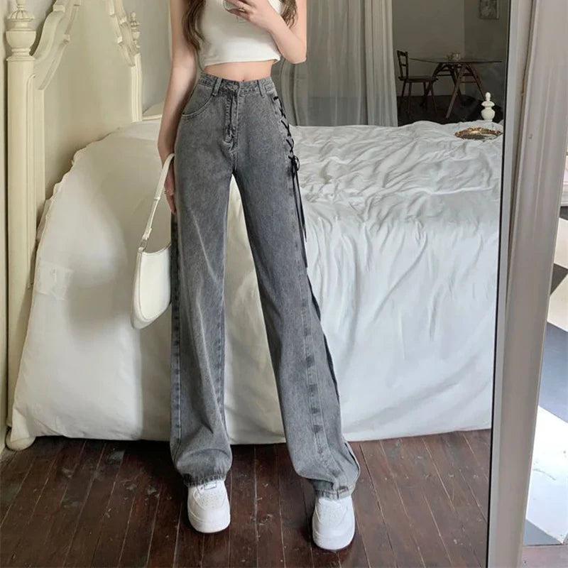 Women Vintage High Waist Straight Denim Pants