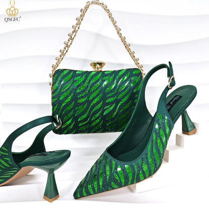 Fashion Shoes Matching Bag Set Royal Blue Color Decorated with Crystal Ladies Wedding Party Women High Heel