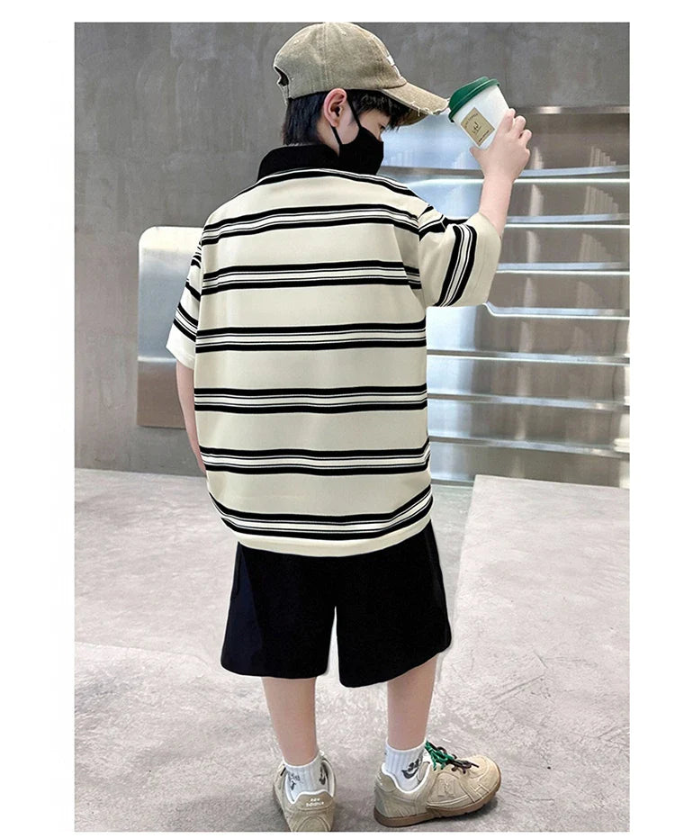 2025 New Kids Boys Cotton Top and Bottom Clothing Set for Child Stripe Polo Shirt + Shorts Two Pieces Summer Outfit Clothes Set