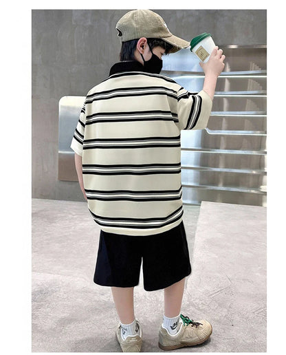 2025 New Kids Boys Cotton Top and Bottom Clothing Set for Child Stripe Polo Shirt + Shorts Two Pieces Summer Outfit Clothes Set