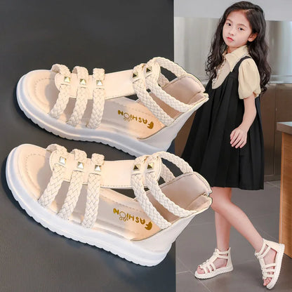 2026 Summer Gladiator Children Sandals Girl Soft Princess Shoes Retro Black Roman Sandal Outdoor Braided Shoe White Kids Shoes
