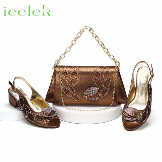 Coffee Color Elegant Comfortable Low Heels Shoes and Bag Set Decoration Rhinestones Women Sandals for Wedding Party 57523-1