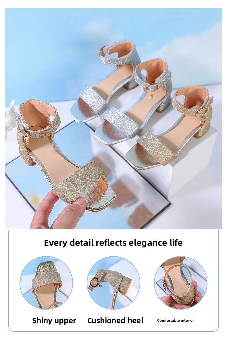 2025 Summer New Children's Sandals Fashion Girls' High Heels Silver Sequins Open Toed Girls' Princess Sandals
