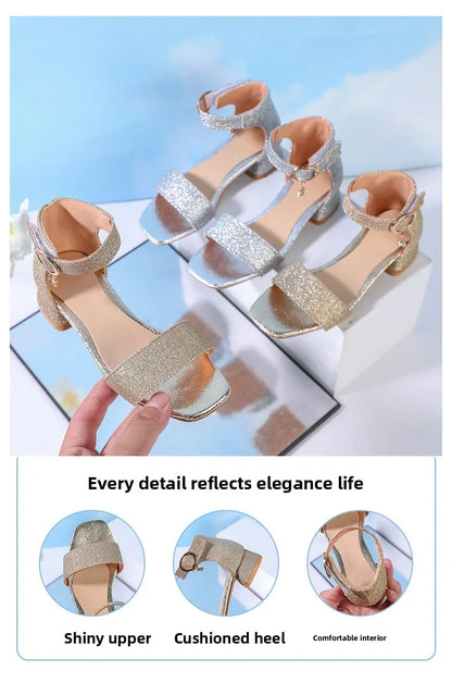 2025 Summer New Children's Sandals Fashion Girls' High Heels Silver Sequins Open Toed Girls' Princess Sandals