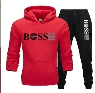 Winter and autumn fleece thickened hooded pullover sweater jacket for men, casual sports outfit, two-piece set for men