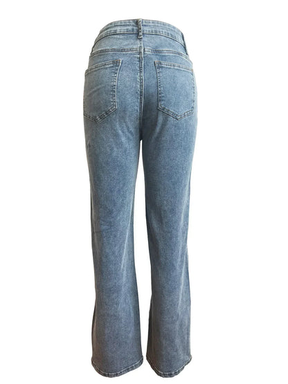 High Waist Elegant Streetwear Denim Casual Straight Trousers