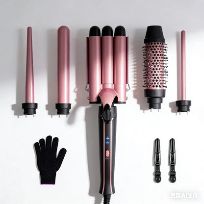 5 in 1 Hair Curlers Set with Curling Brush, 0.35”-1.25” Hair Curler Wand for Hairstyle and Heat Resistant Gloves and Hair Clip