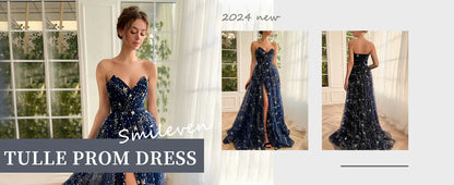 V Neck Luxury Women's Sparkle Starry Tulle Prom Dresses Strapless Slit Formal Evening Party Gowns Formal Dress Women Elegant