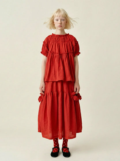 Red Japanese Half length Skirt imakokoni Spring/Summer Original Artistic Elastic Waist Bow Mid length Skirt for Women 265485