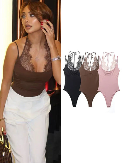 Women Sexy Slim Bodysuits Chic Lace Partwork Sleeveless Fashion Backless Sling Tops 2026 Newest Lady Casual Playsuit