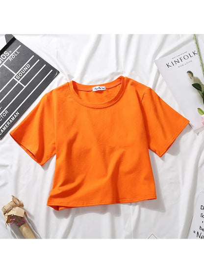 Summer Short Sleeve T Shirts Women  Solid T-shirt O Neck High Waist Crop Top Tee Female Casual Loose T Shirt