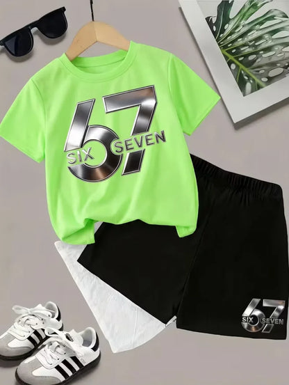 2026 New Cool 67 Funny Printed Kids T-Shirt Shorts Sports Set Fashion Children's Clothes Casual Boy Girl Short Sleeve Shorts Set