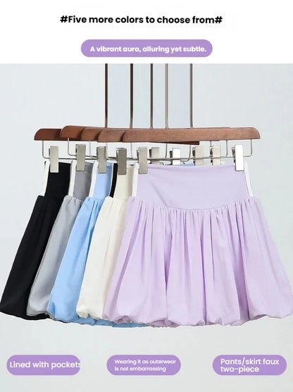 Women Summer Tennis Skirt High Waist Flared Flounce Skirt 2 in 1 with Shorts Anti-Exposure Athletic Pleated Golf Skirt Workout