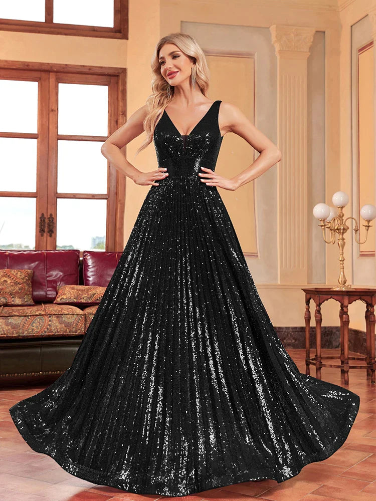 Luxury V-Neck Black Sleeveless Formal Evening Dresses Women Sequins Wedding Party Prom Maxi Cocktail Dresses Vestidos