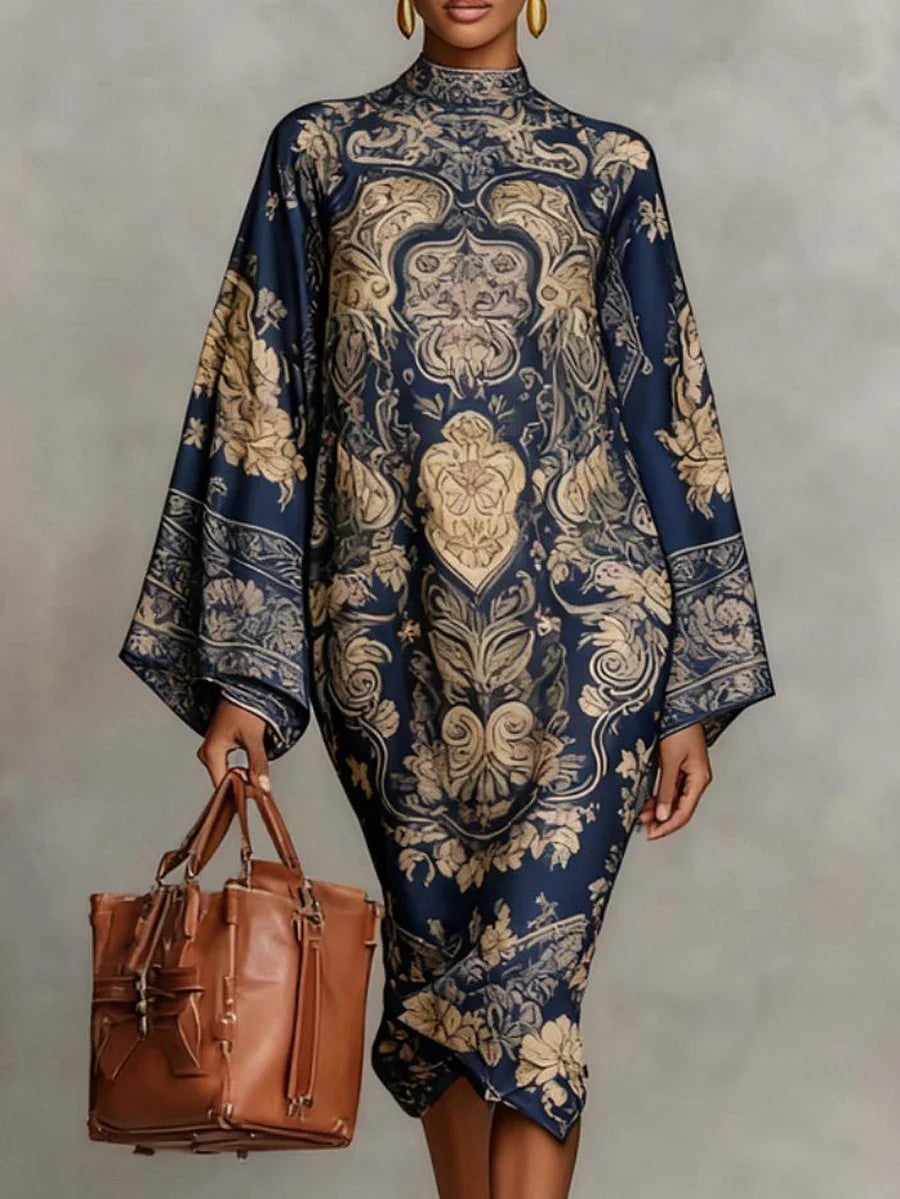 Women's Vintage Elegant Printed High Neck Kaftan Dress Long Sleeves Loose Elegant Evening Midi Dresses Robe 2026 New