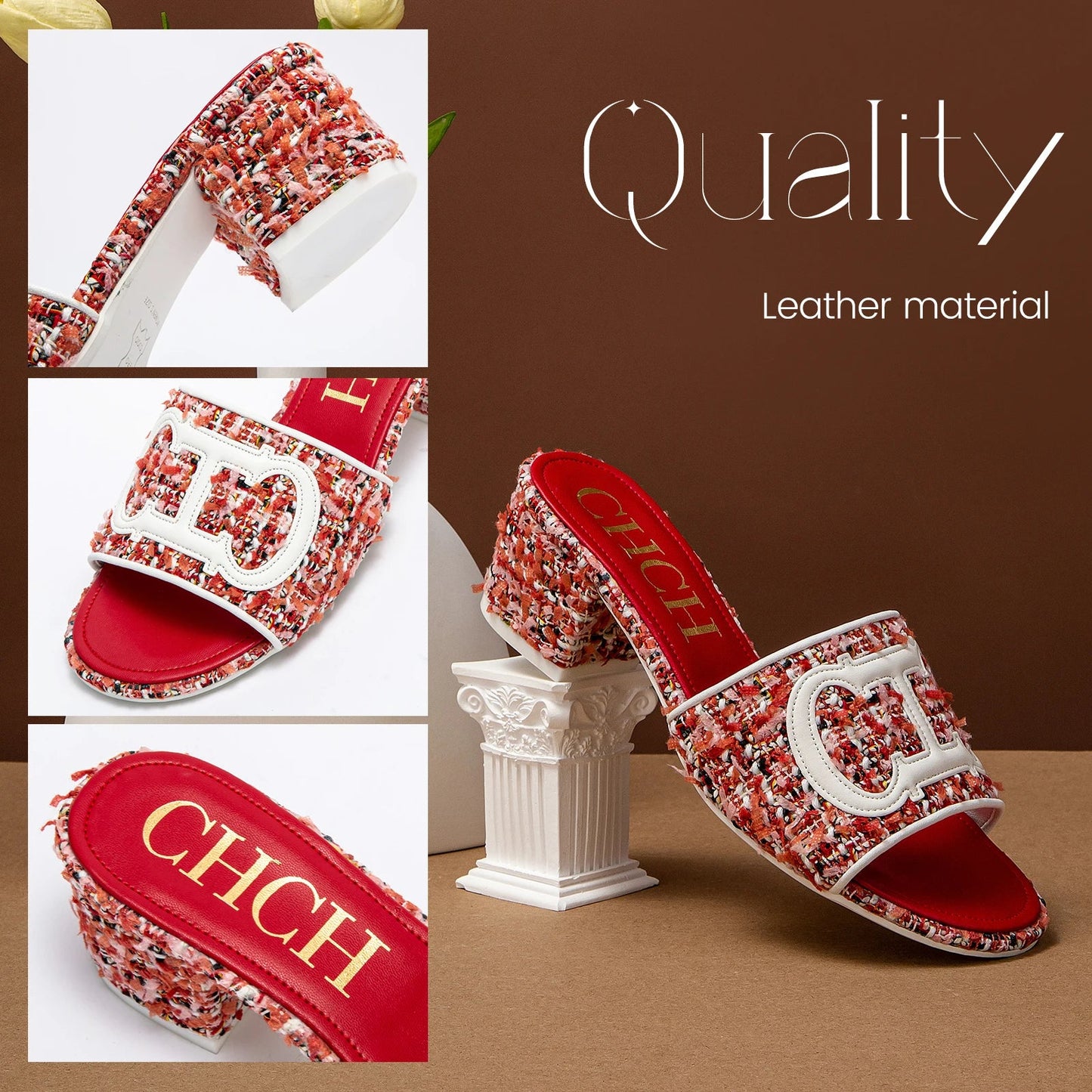 Middle heel square heel slippers fabric fashion casual shoes luxury brand slippers girls street commuter slippers