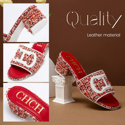 Middle heel square heel slippers fabric fashion casual shoes luxury brand slippers girls street commuter slippers