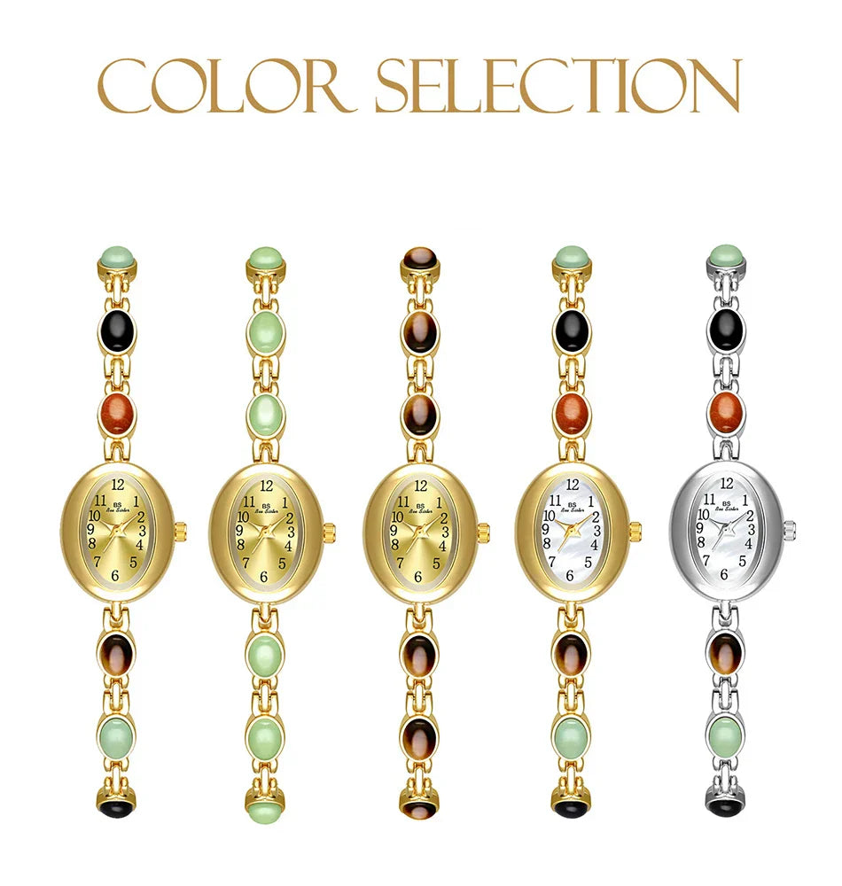 Women's watch Vintage Natural Colorful Jade Bracelet Wristwatches Clock,Luxury Elegant Small Oval Dial Quartz Watch Waterproof