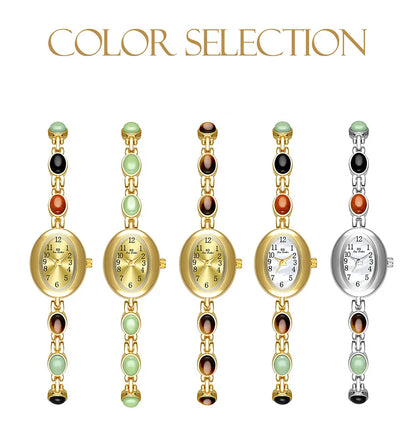 Women's watch Vintage Natural Colorful Jade Bracelet Wristwatches Clock,Luxury Elegant Small Oval Dial Quartz Watch Waterproof