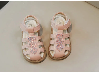 Kid Shoes Children Sandals Bling Heart-shape Summer Girl Princess Shoe Flat Heel Sandals Children Girls Performance Shoes I03022
