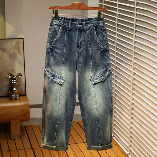 Men's Retro Washed Vintage Blue Jeans Trendy American Minimalist Loose Straight-Leg Denim Comfortable Pants