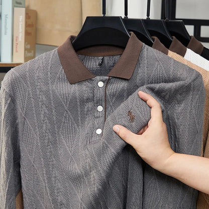 Men's Autumn and Winter Light Luxury 100% Cotton Men's Embroidered Knitted T-shirt Casual Business Sweater Polo Shirt