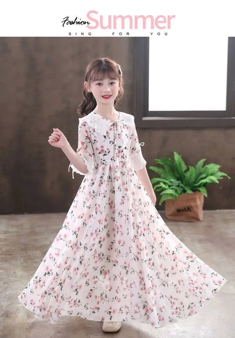 Long Floral Princess Party Dress for Girls 5-16Y Summer Elegant Bohemian Chiffon Maxi Dresses Teenage Girl Holiday Clothes 13 14