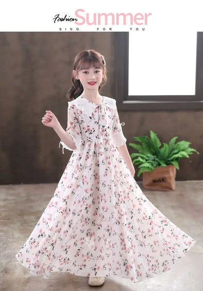 Long Floral Princess Party Dress for Girls 5-16Y Summer Elegant Bohemian Chiffon Maxi Dresses Teenage Girl Holiday Clothes 13 14