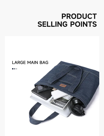 Unisex Utility Canvas Leather Zipper Tote Bag Casual Denim Daily Shopping Handbag Women Man Durable Student School Book Bag
