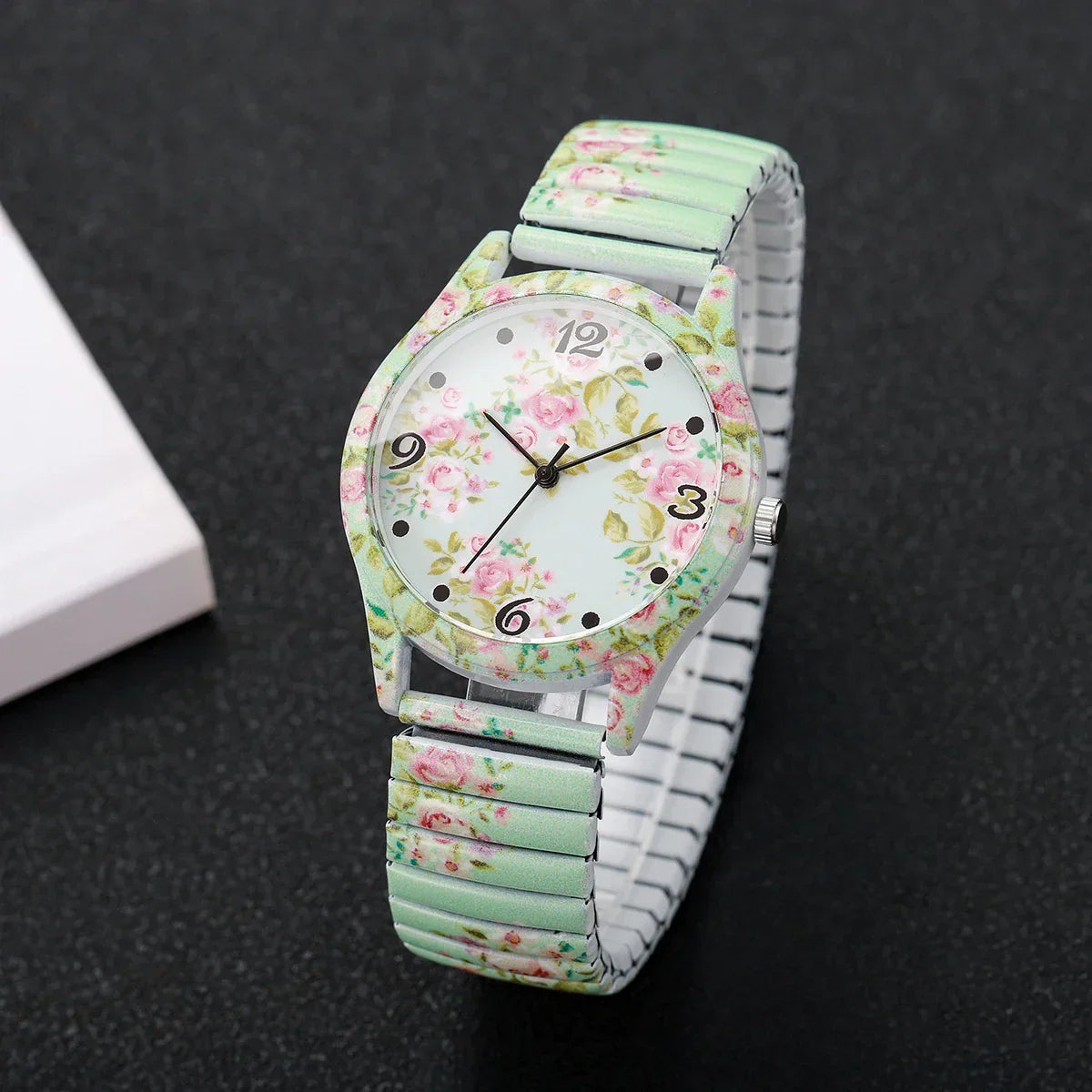2/3PCS Fashion Flower Printed Women Quartz Wristwatches Set Ladies Casual Elastic Strap Arabic Dial Watch（Without Box）