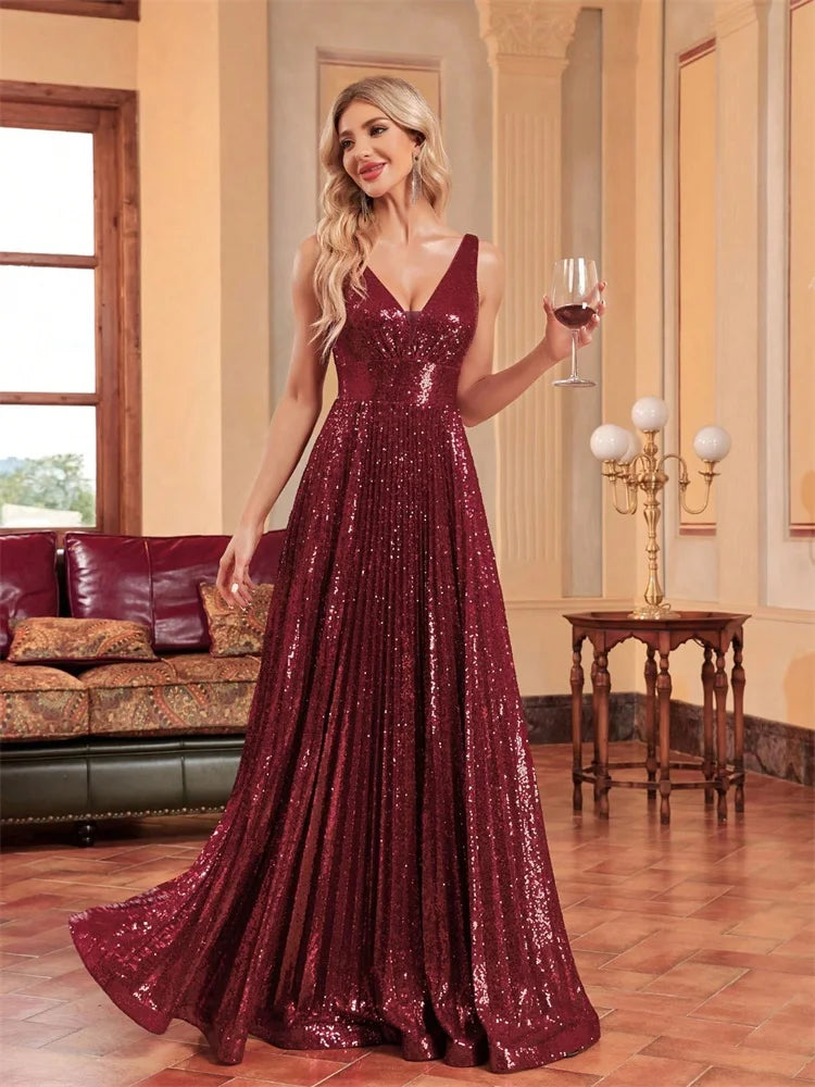 Luxury Red V-Neck Sleeveless Formal Evening Dresses Women Sequins Wedding Party Prom Maxi Cocktail Gowns Vestidos