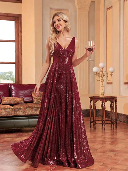 Luxury Red V-Neck Sleeveless Formal Evening Dresses Women Sequins Wedding Party Prom Maxi Cocktail Gowns Vestidos