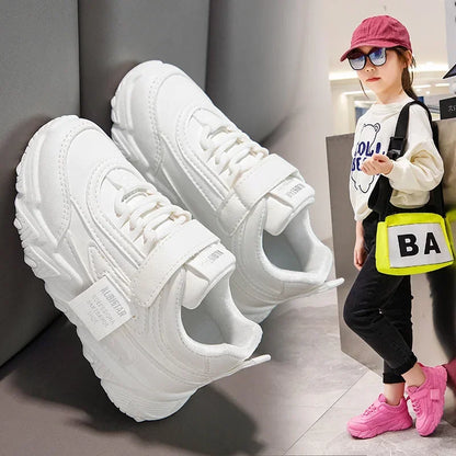 Spring New Kids Sneakers 2025 PU Girls Casual Mesh Solid Pink Light Boys White Hook & Loop Children Non-slip Sports Shoes