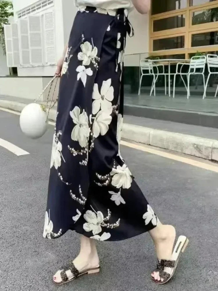 Wrap Skirts Women Casual Chiffon Tie-Waist Ruffle Wide Leg Loose Floral Skirts String Belt One Piece Wrap Beach Skirts