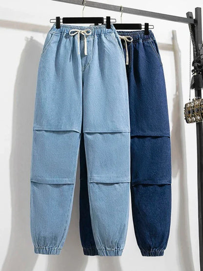 2025 Summer Women Plus Size Jeans Drawstring Elastic Waisted Harun Jeans Vintage Washed Cotton Oversized Trousers Y2k Pants